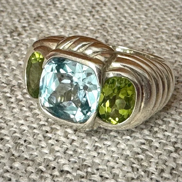Judith Ripka Blue Topaz & Peridot Sterling Silver Statement Ring – Size 6 - Picture 2 of 5